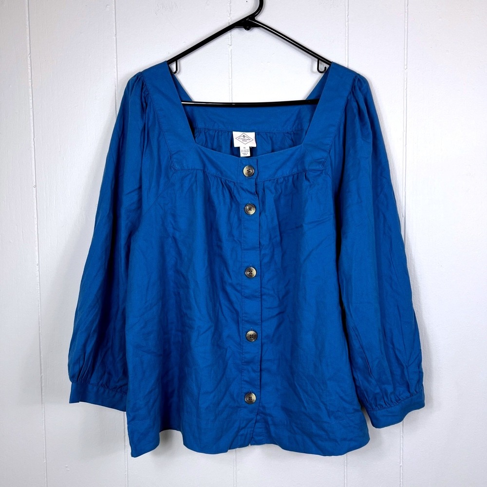 St. John's Bay Women's XL Square Neck 3/4‎ Sleeve Blue Peasant Blouse Boho